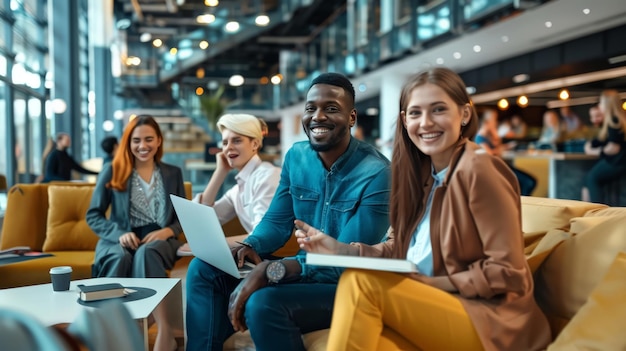 Empresários multiculturais a trabalhar num lobby de um escritório Grupo de empresários felizes a sorrir enquanto estão sentados juntos num espaço de coworking Jovens empresários a colaborar num novo projecto