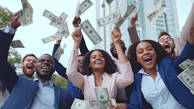 Empresários multiétnicos felizes e autoconfiantes estão jogando notas de dólar graças à IA generativa