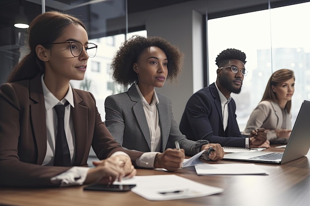 Empresarios multiétnicos trabajando juntos en una oficina moderna Grupo multiétnico de empresarios sentados a la mesa y trabajando juntos IA generativa