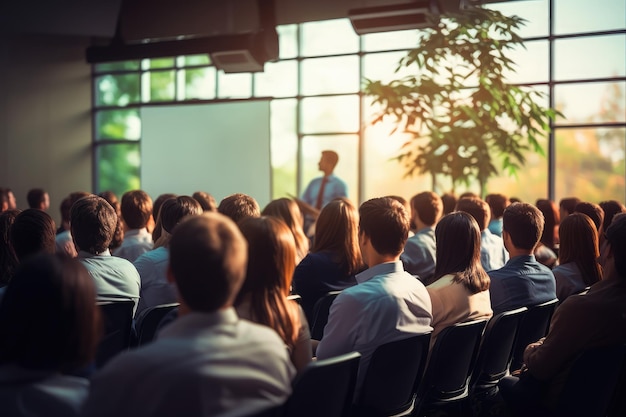 Empresarios o estudiantes están viendo una presentación o asistiendo a una formación o a un seminario en una sala de conferencias o auditorio