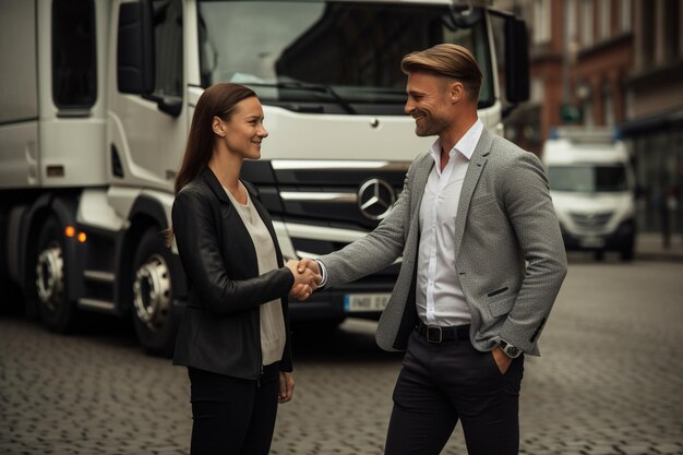 Empresarios de pie en la calle de la ciudad y estrechando la mano