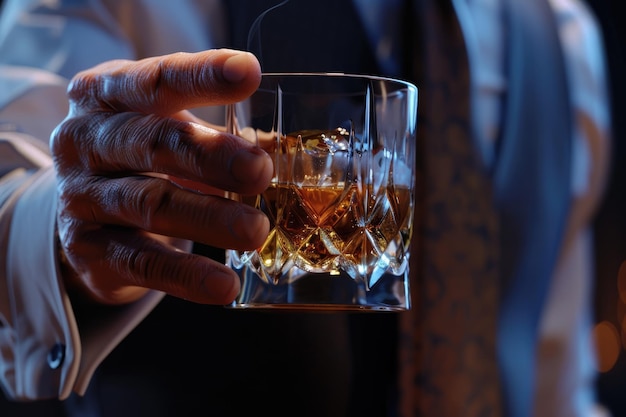 Foto empresarios de primer plano con un vaso de whisky