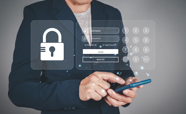 Empresarios que protegen los datos personales en los teléfonos inteligentes y las interfaces virtuales Conceptos de ciberseguridad y privacidad para proteger los datos