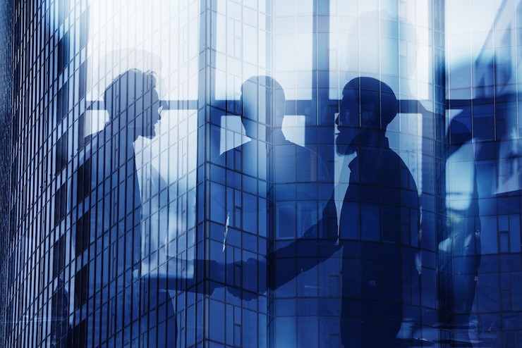 Foto empresarios que trabajan juntos en el concepto de oficina de asociación de trabajo en equipo y doble exposición de inicio