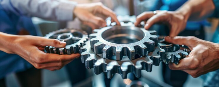 Empresarios que unen engranajes para simbolizar un trabajo en equipo sin problemas