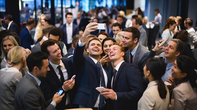 Foto empresarios que usan teléfonos inteligentes enviando mensajes de texto tomando selfies en la oficina durante el descanso