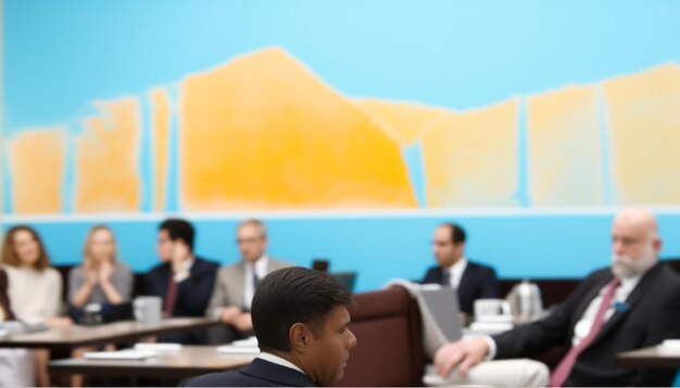 Foto empresários sentados à mesa ouvindo orador público gerado por ia