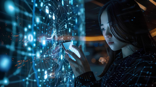 Empresarios con teléfonos inteligentes con conexión a la red en fondo azul Concepto tecnológico