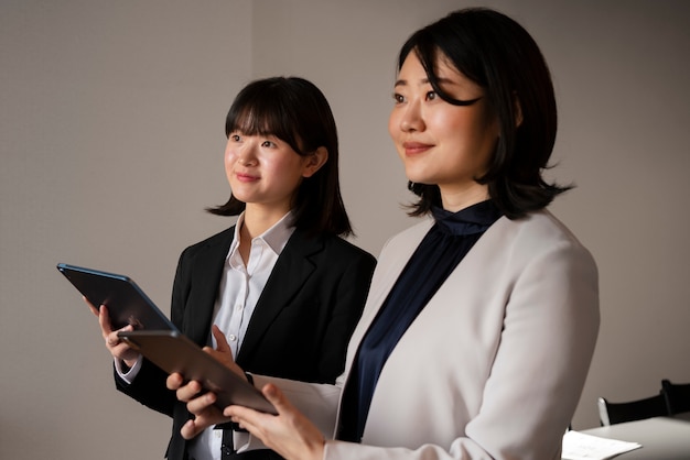 Foto empresarios de tiro medio que trabajan con ipad