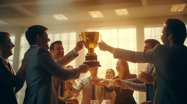 Foto empresarios con el trofeo de oro para celebrar juntos