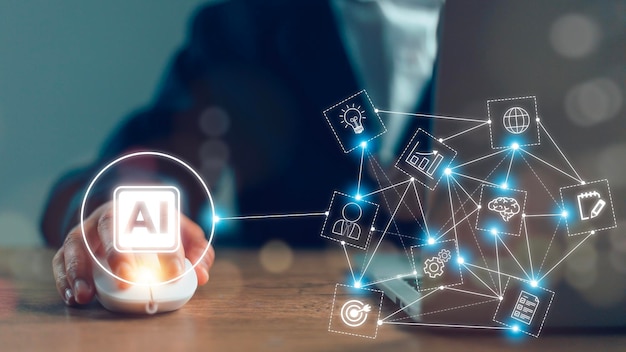 Los empresarios utilizan el aprendizaje automático de la IA en pantallas virtuales con grandes datos y código informático AI Inteligencia artificial Ciencia de datos Concepto de tecnología de la información