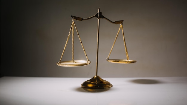Empresas y abogados discutiendo documentos contractuales con una balanza de bronce en el escritorio de la oficina Servicios legales de asesoramiento jurídico Concepto de justicia y derecho