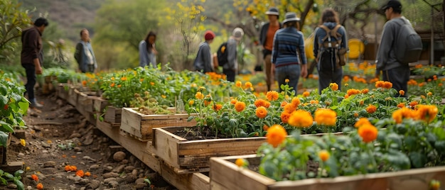 Empresas locais patrocinam parcelas em uma iniciativa de jardim comunitário onde os participantes aprendem práticas agrícolas sustentáveis através de workshops Concept Community Garden Sustainability Workshops