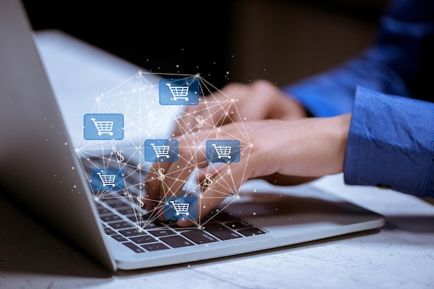 Las empresas que utilizan el teléfono inteligente con el icono del carrito de compras aumentan el volumen de ventas y hacen crecer las empresas
