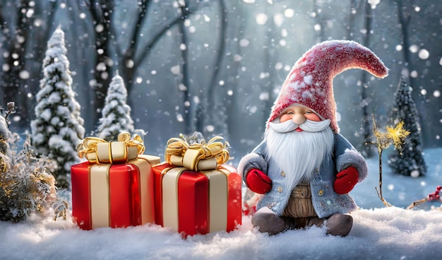 Foto un enano feliz de pie afuera en la nieve con regalos de navidad