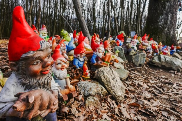 Enanos de jardín coloridos en un lugar en el bosque durante el senderismo