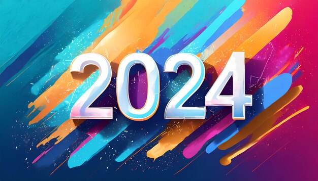 Foto el encabezado del calendario 2024 número en colorido abstracto color pintura pincel trazos de fondo