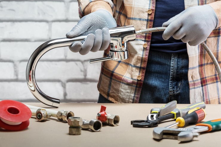 Foto encanador de homem no serviço de reparo de encanamento de trabalho monta e instala o conceito