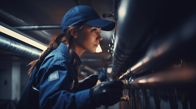 Encanador humano trabalhando perto de tubos metálicos ocupação profissional feminina de interior