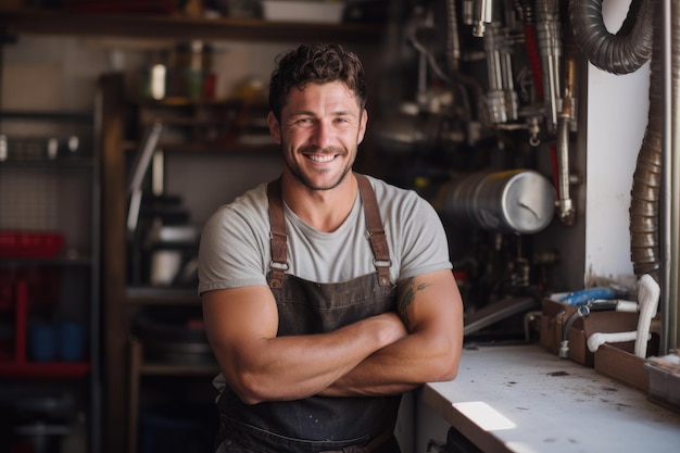 Encanador masculino bonito sorrindo em pé na cozinha Técnico reparador do Dia do Trabalho empregado