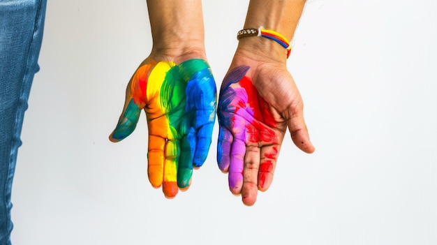 Le encanta Spectrum CloseUp de parejas homosexuales con las manos en el abrazo de la bandera del arco iris