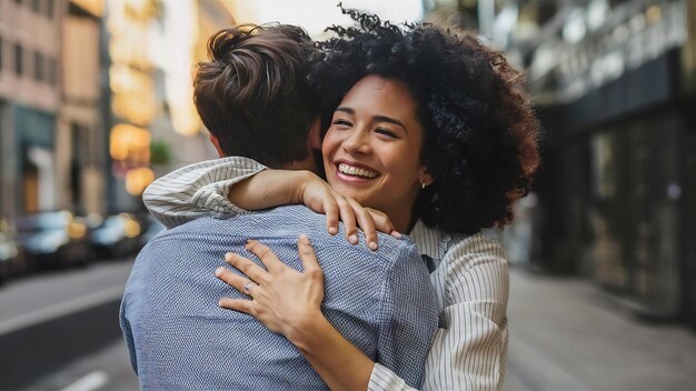 Encantada, feliz, sonriente, mujer afroamericana se despide de su novio y le da un cálido abrazo.