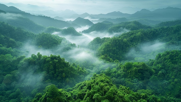 Encantador amanecer brumoso en un exuberante paraíso de la selva tropical AI generativa