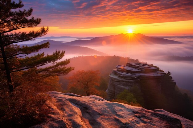 Foto encantador amanecer en la cima de la roca de la mesa serenidad