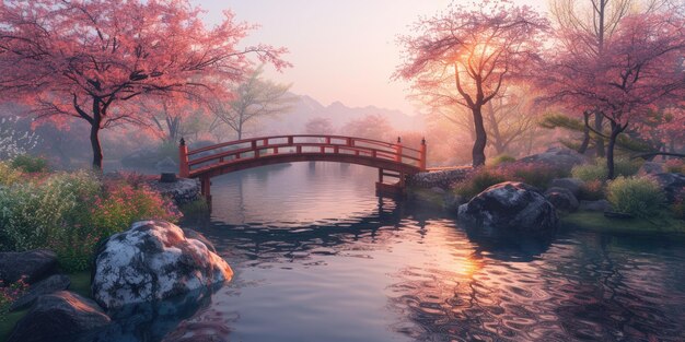 Encantador amanecer en un jardín japonés con flores de cerezo resplandecientes