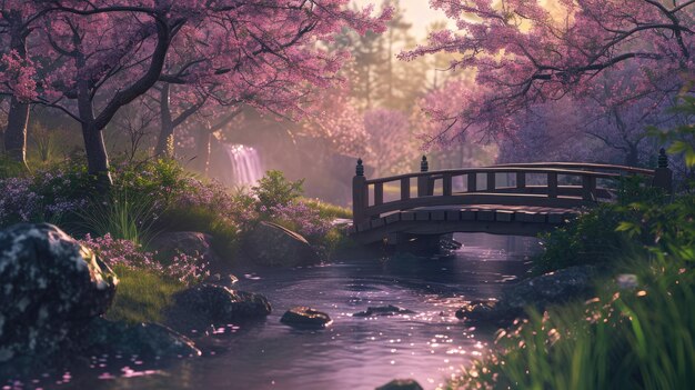 Encantador amanecer en un jardín japonés con flores de cerezo resplandecientes