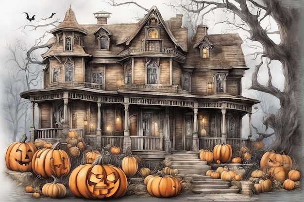 Encantador ambiente de Halloween Casa de aquarela e abóbora de néon