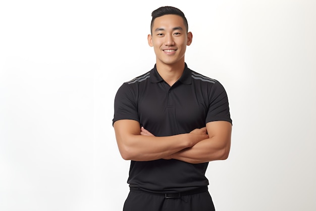 Un encantador y apuesto entrenador de fitness asiático sonriendo confiadamente con el brazo cruzado en una camiseta de polo aislada