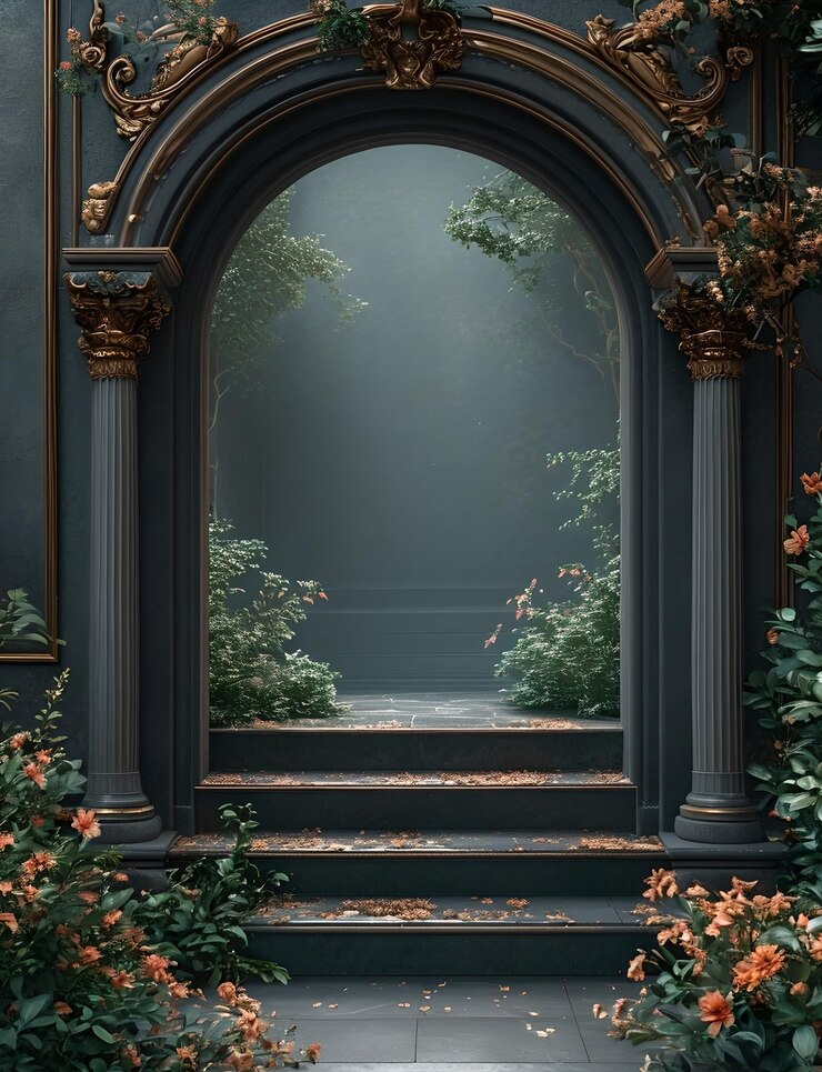 Encantador arco de jardín con escalera en el bosque de niebla perfecto para papel tapiz y fondos