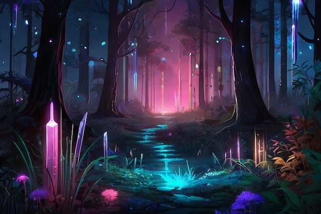 Encantador arte forestal de fantasía Plantas bioluminescentes cristales brillantes Luciérnagas Pandora como el plan