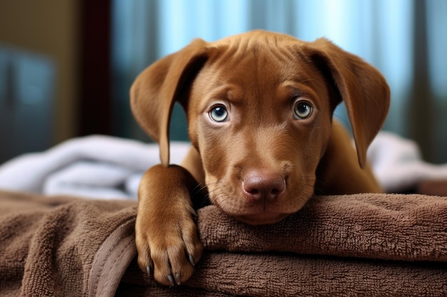 Un encantador y atractivo cachorro marrón descansando sobre una toalla Preparándose y organizándose para un viaje Detalle