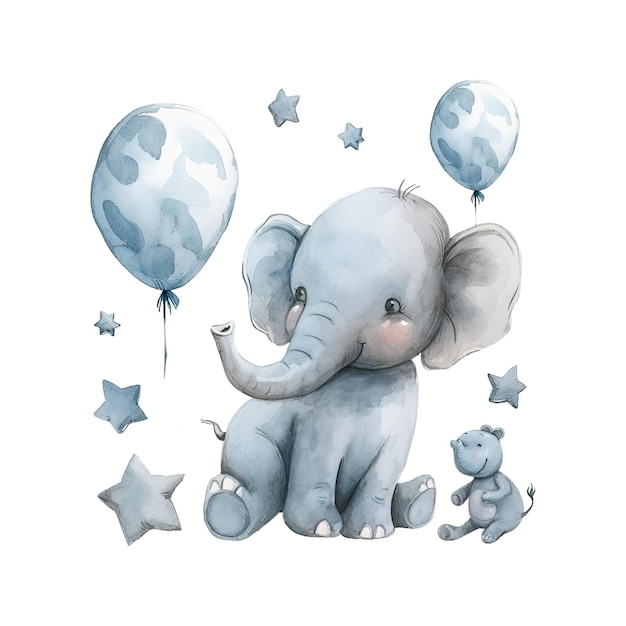 Encantador bebé elefante de acuarela con globos adorables juguetones e ilustraciones vectoriales