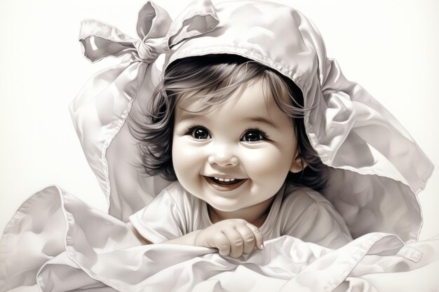 Encantador bebé con una encantadora sonrisa dibujando con lápiz en papel blanco de tonos brillantes
