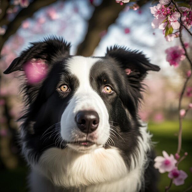 Encantador border collie con una deslumbrante flor natural en el fondo