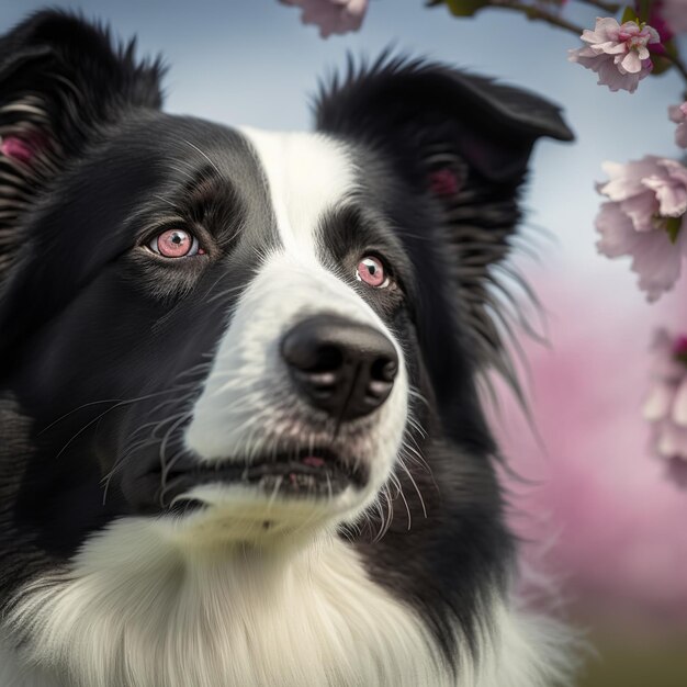 Encantador border collie con una deslumbrante flor natural en el fondo