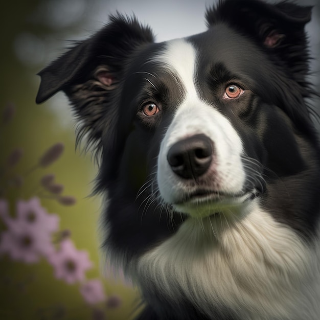 Encantador border collie con una deslumbrante flor natural en el fondo