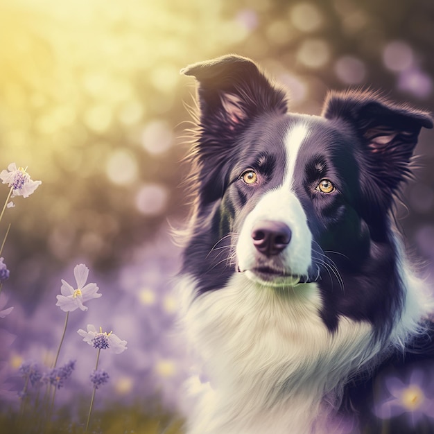 Encantador border collie con una deslumbrante flor natural en el fondo