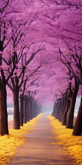 El encantador bosque de sakura rosado Un cautivador sendero inspirado en el arte tailandés