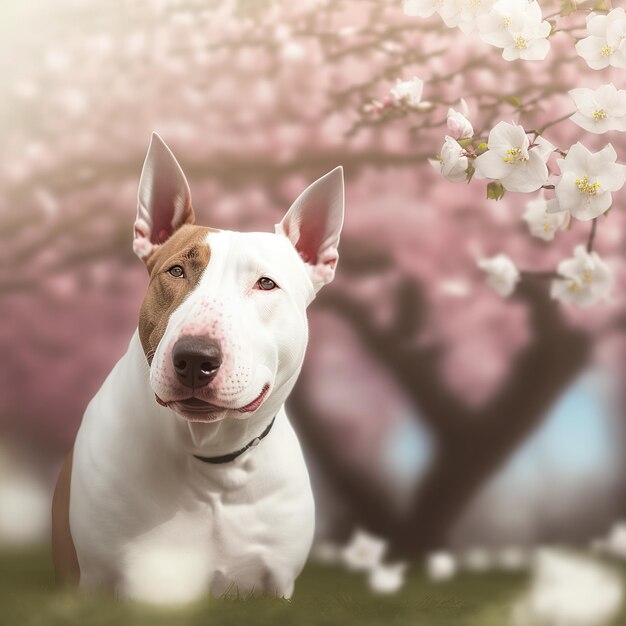 Encantador bull terrier en realista con fondo al aire libre