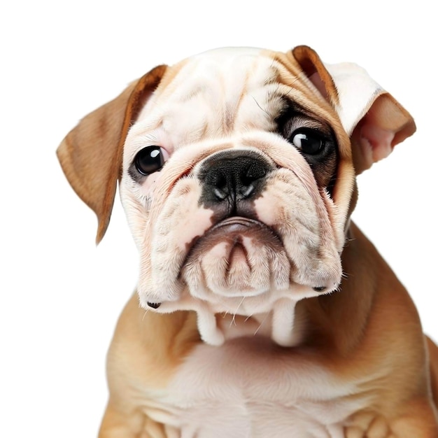Encantador cachorro de Bulldog americano en miniatura cautivador retrato de inclinación de cabeza sobre fondo blanco