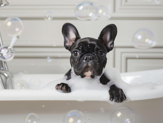 Foto un encantador cachorro de bulldog francés se asoma desde un baño de burbujas espumoso