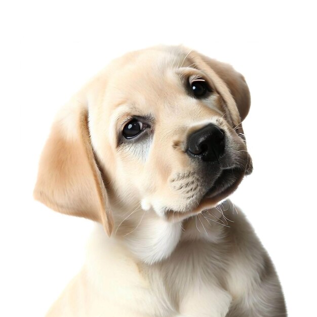 Encantador cachorro de laboratorio cautivador retrato inclinado en blanco