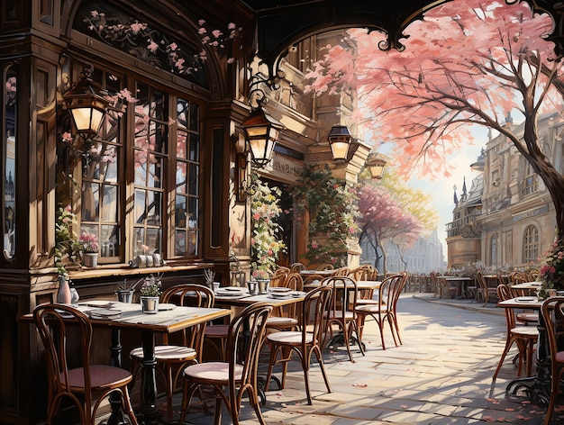 Encantador café parisino con asientos en la acera y un ambiente aromático