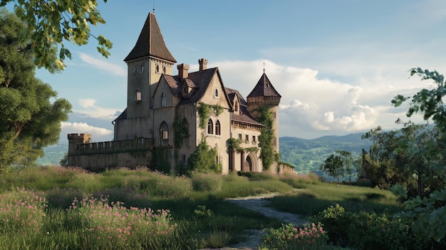 El encantador castillo antiguo se encuentra en medio de la exuberante vegetación bajo un cielo suave sus majestuosas torres y gran arquitectura susurrando cuentos de años pasados