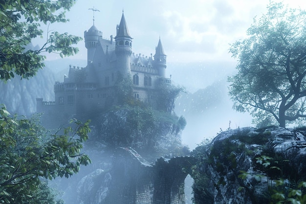 Encantador castillo de cuento de hadas en la niebla