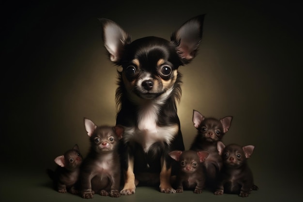 Encantador Chihuahua con Camada de Cachorros Recién Nacidos IA Generativa